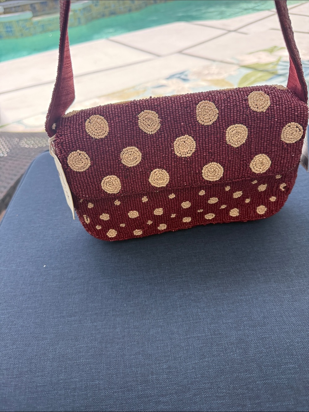 Beaded Polka Dot Shoulder Bag in Burgundy and Cream